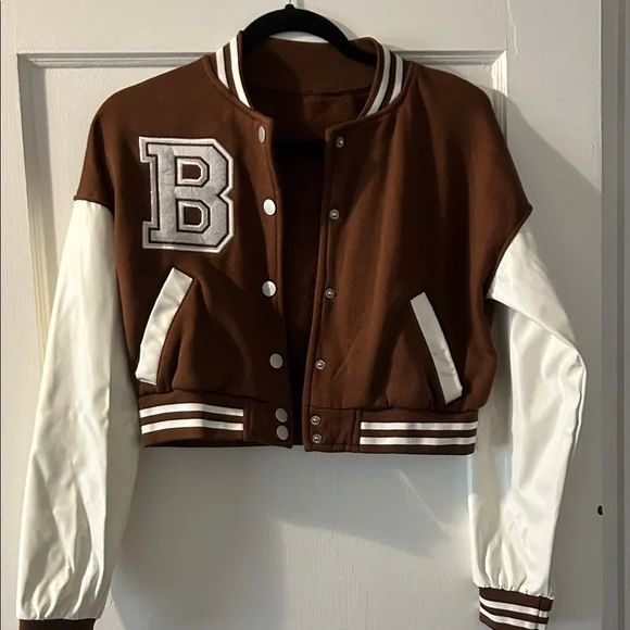 Forever 21 Brown and White Cropped Varsity Jacket - Picture 1 of 2